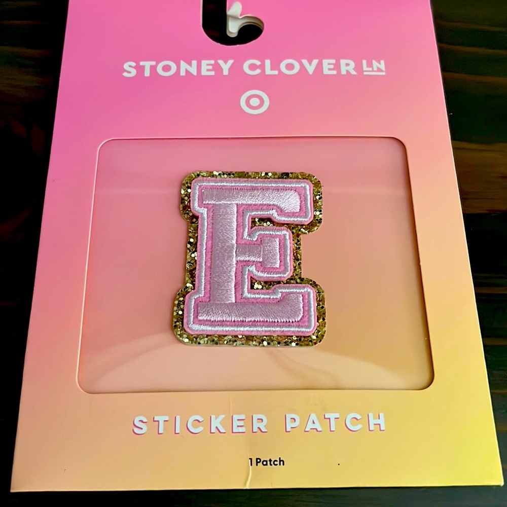 Stoney Clover “E” Initial pink glitter sticker patch